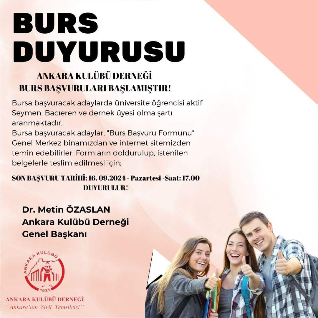 ANKARA KULÜBÜ DERNEĞİ, BURS BAŞVURULARI BAŞLAMIŞTIR!